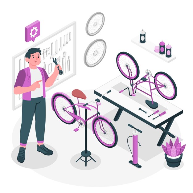 Illustrazione del concetto di officina per biciclette