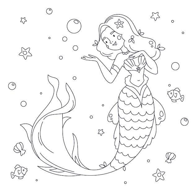 Illustrazione del contorno di una sirena disegnata a mano