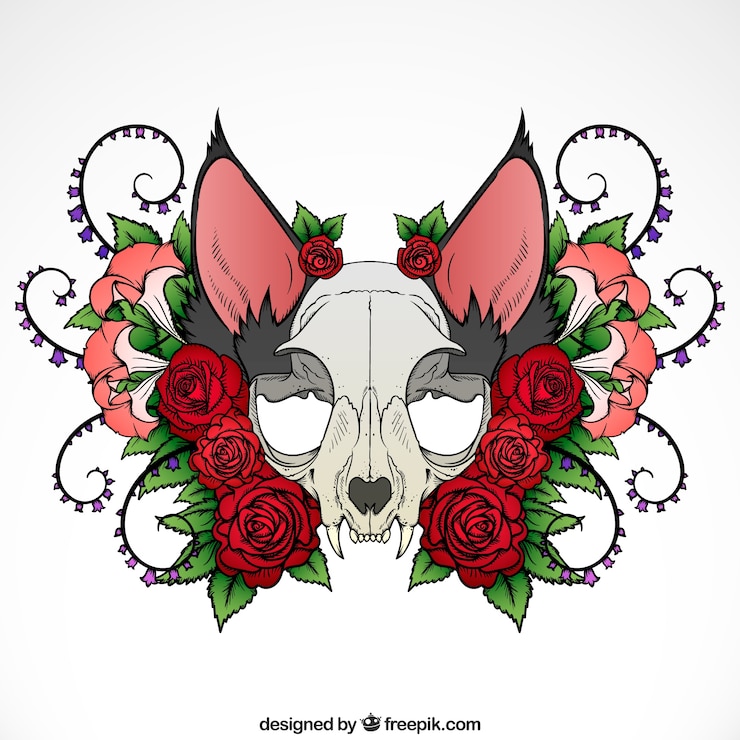 Vettore gratuito illustrazione del cranio animale con le rose e ornamenti