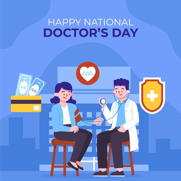 Illustrazione del giorno del medico nazionale piatto con il paziente di consulenza medica
