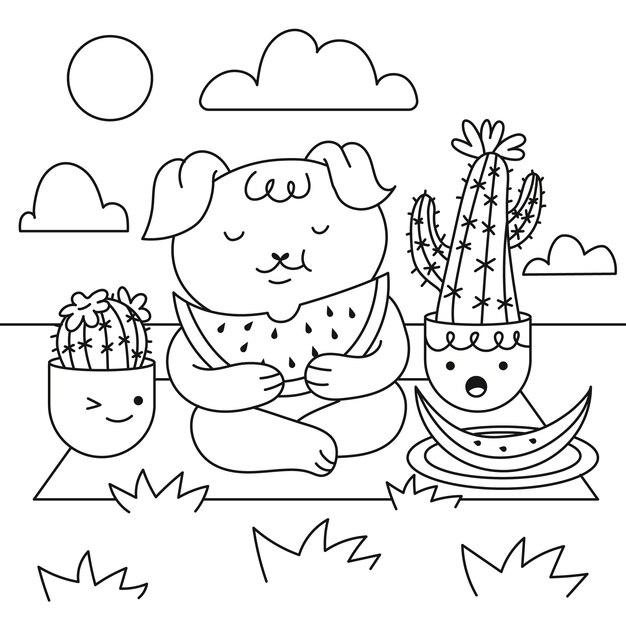 Illustrazione del libro da colorare kawaii disegnata a mano
