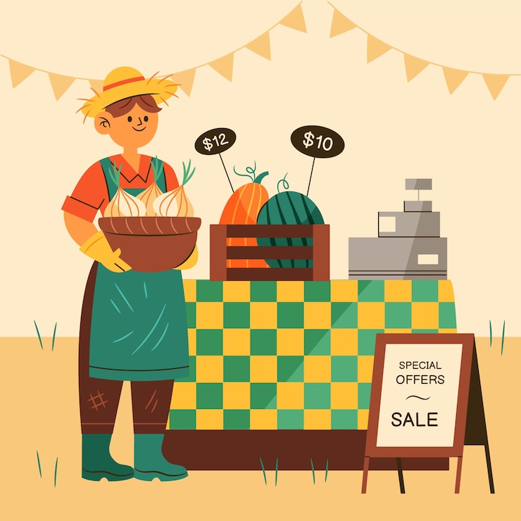 Vettore gratuito illustrazione del mercato degli agricoltori di design piatto disegnato a mano