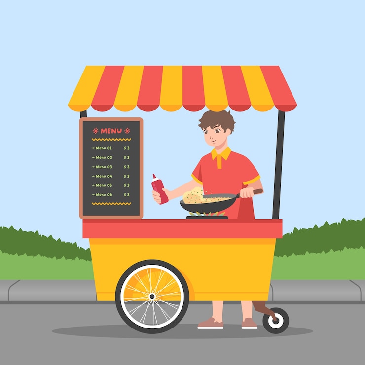 Vettore gratuito illustrazione del mercato del cibo di strada design piatto