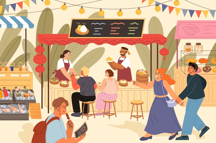 Vettore gratuito illustrazione del mercato del cibo di strada design piatto