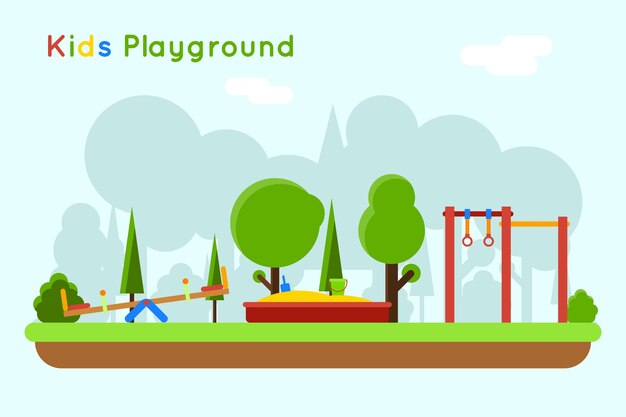 Illustrazione del parco giochi. Gioca nella sandbox, all'asilo all'aperto con sabbia e giocattoli