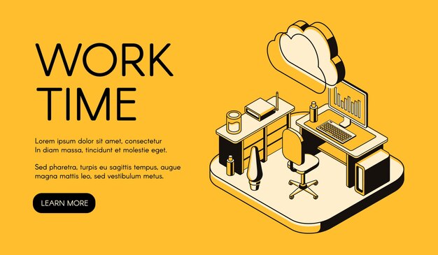 Illustrazione del posto di lavoro dell&#39;ufficio della linea arte sottile nera su fondo di semitono giallo.