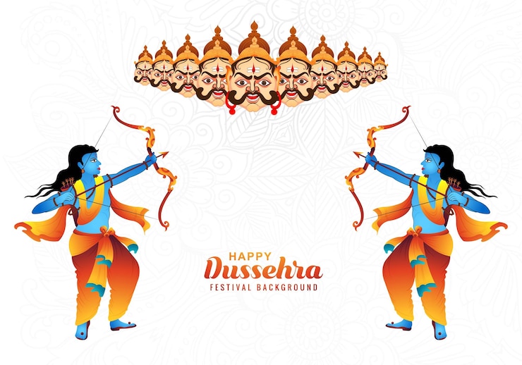 Vettore gratuito illustrazione del signore rama che uccide ravana nel felice sfondo della carta del festival di dussehra