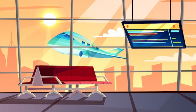 Illustrazione del terminale di aeroporto della sala di attesa con programma di volo di partenza o di arrivo