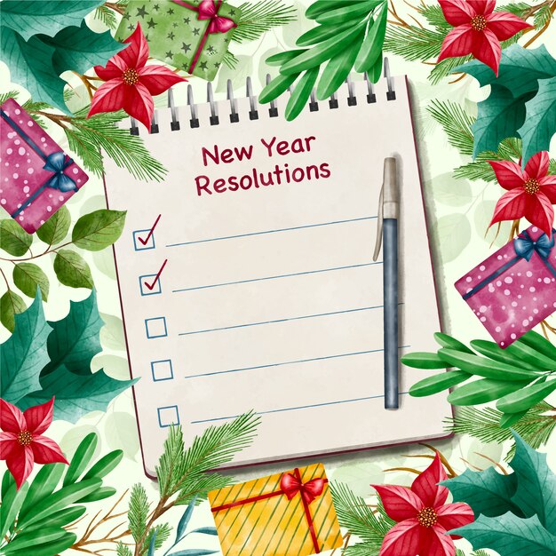 Illustrazione dell'acquerello delle risoluzioni del nuovo anno