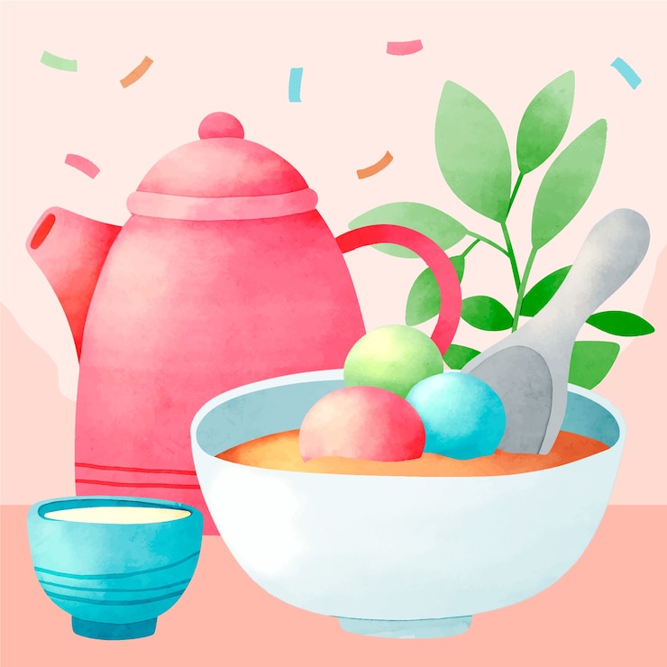 Vettore gratuito illustrazione dell'acquerello per la celebrazione del festival dongzhi con teiera e ciotola tang yuan