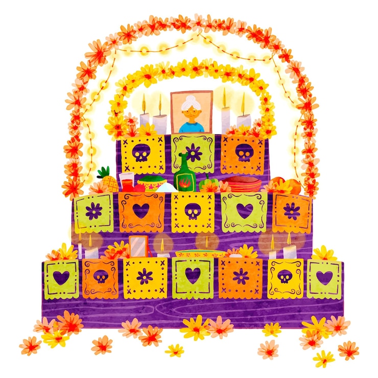 Vettore gratuito illustrazione dell'altare della casa della famiglia dia de muertos dell'acquerello