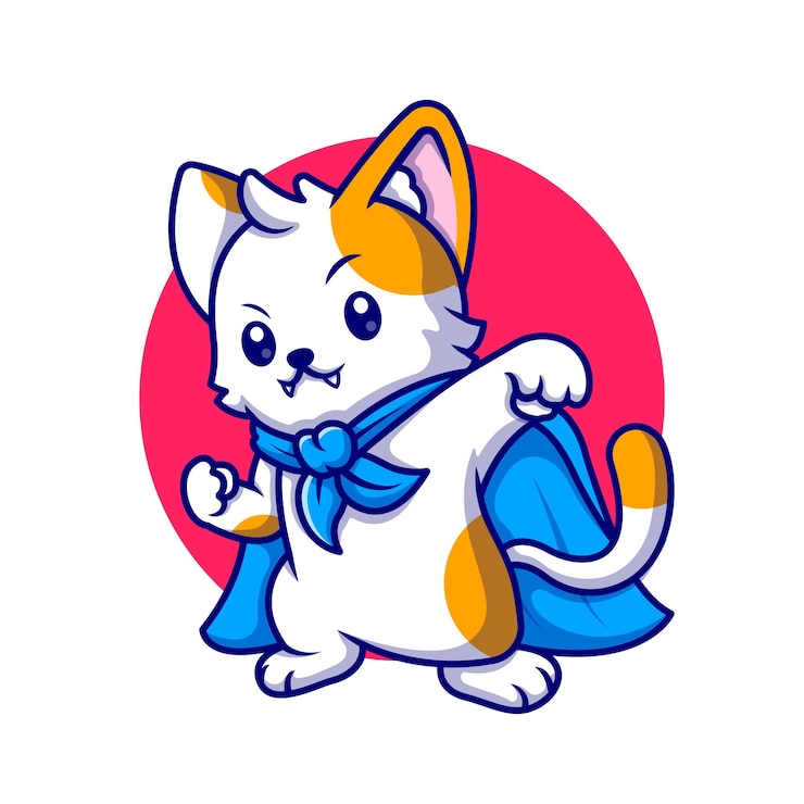 Vettore gratuito illustrazione dell'icona del fumetto dell'eroe del gatto sveglio. concetto dell'icona di eroe animale isolato. stile cartone animato piatto
