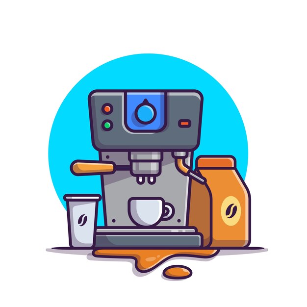 Illustrazione dell'icona del fumetto della macchina da caffè espresso, tazze, tazza e pacchetto di caffè. Macchina da caffè icona concetto isolato. Stile cartone animato piatto