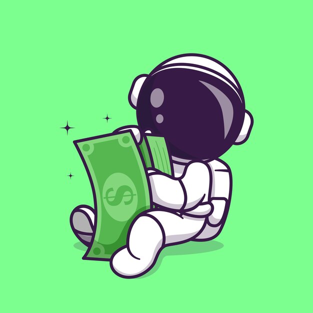 Illustrazione dell'icona di vettore del fumetto dei soldi della holding dell'astronauta sveglio. Concetto dell'icona di affari di scienza isolato Vettore Premium. Stile cartone animato piatto
