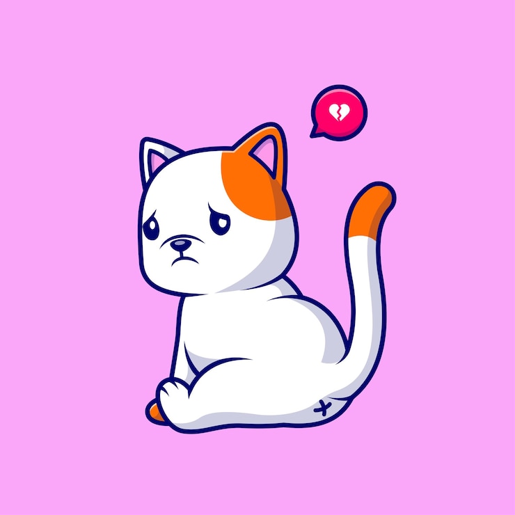 Vettore gratuito illustrazione dell'icona di vettore del fumetto del cuore spezzato triste del gatto sveglio. concetto di icona natura animale piatto isolato