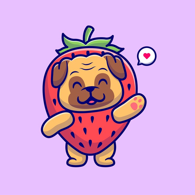 Vettore gratuito illustrazione dell'icona di vettore del fumetto della fragola del cane sveglio del pug. concetto di icona di frutta animale isolato premium