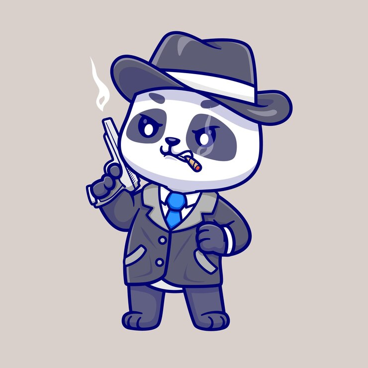 Vettore gratuito illustrazione dell'icona di vettore del fumetto della pistola del detective sveglio del panda. icona vacanza animale isolato piatto