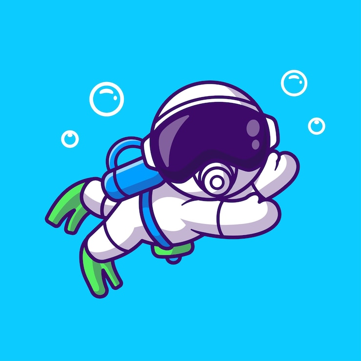 Vettore gratuito illustrazione dell'icona di vettore del fumetto di snorkeling sveglio dell'astronauta. concetto dell'icona di sport di tecnologia isolato vettore premium. stile cartone animato piatto