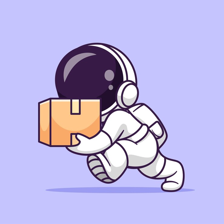 Vettore gratuito illustrazione dell'icona vettoriale del fumetto del pacchetto di consegna dell'astronauta carino tecnologia scientifica isolata piatta