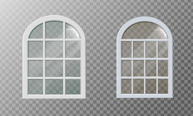 Vettore gratuito illustrazione dell'icona vettoriale realistica vecchia finestra con cornice bianca ad arco di palazzo con vetro trasparente re