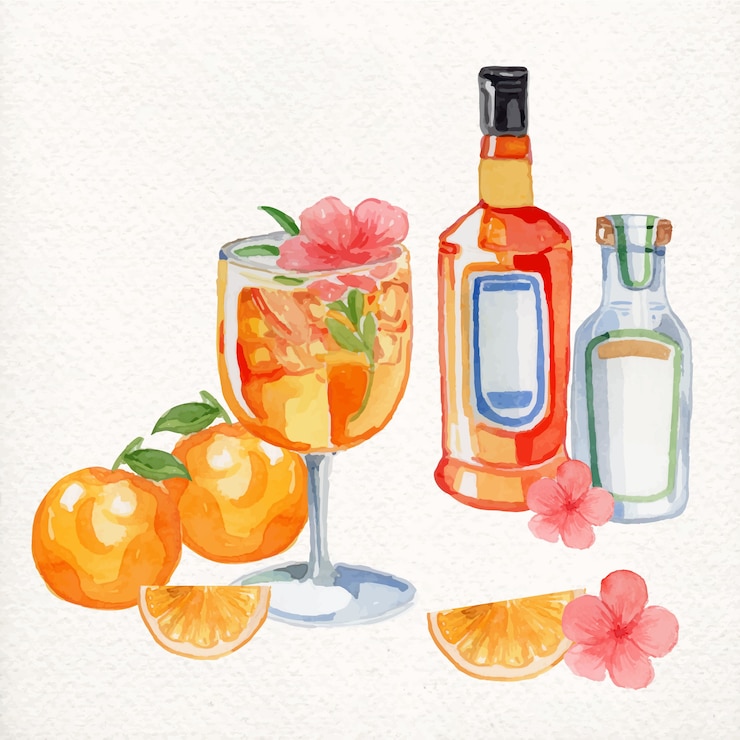 Vettore gratuito illustrazione della bottiglia e del cocktail fresco dell'acquerello