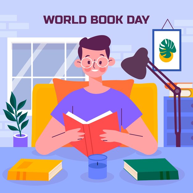 Illustrazione della celebrazione della Giornata mondiale del libro piatto