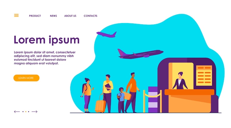 Vettore gratuito illustrazione della coda dell'aeroporto. linea di turisti in piedi al banco del check-in.