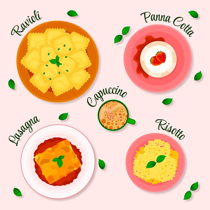 Vettore gratuito illustrazione della cucina italiana disegnata a mano
