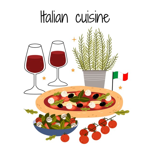 Illustrazione della cucina italiana disegnata a mano