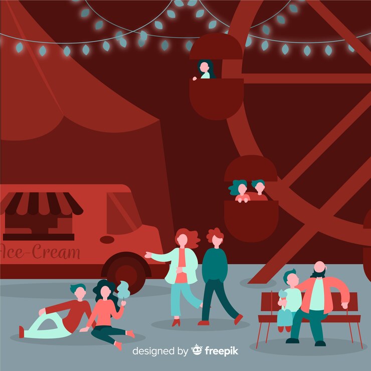 Vettore gratuito illustrazione della gente ad una fiera di notte