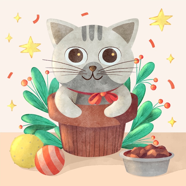 Illustrazione della giornata internazionale del gatto dell'acquerello con il gatto in vaso