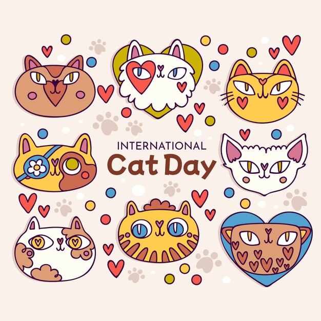 Illustrazione della giornata internazionale del gatto disegnata a mano