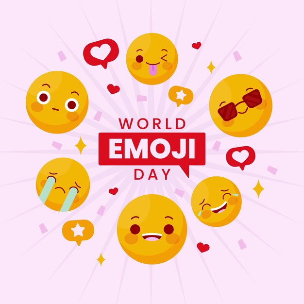 Illustrazione della giornata mondiale degli emoji piatto con emoticon