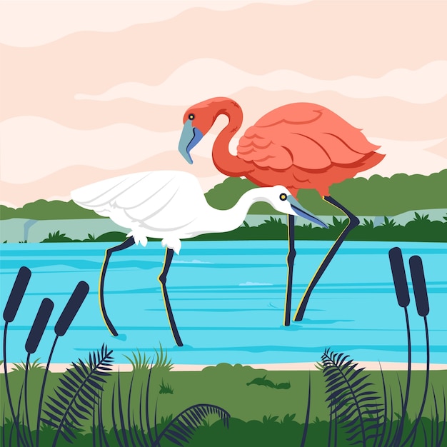 Illustrazione della giornata mondiale delle zone umide piatte con fiori e fauna