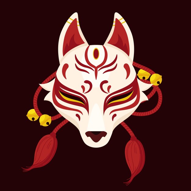 Illustrazione della maschera kitsune dal design piatto disegnato a mano