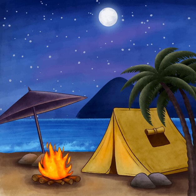 Illustrazione della notte d'estate dell'acquerello con la tenda sulla spiaggia