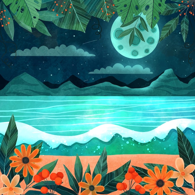 Illustrazione della notte d'estate dell'acquerello