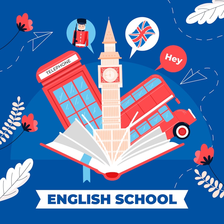 Vettore gratuito illustrazione della scuola inglese disegnata a mano con attrazioni turistiche