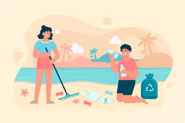 Illustrazione della spiaggia di pulizia dell'uomo e della donna