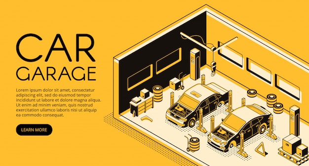 Illustrazione della stazione del meccanico di riparazione automatica del garage dell&#39;automobile nella linea sottile nera isometrica progettazione