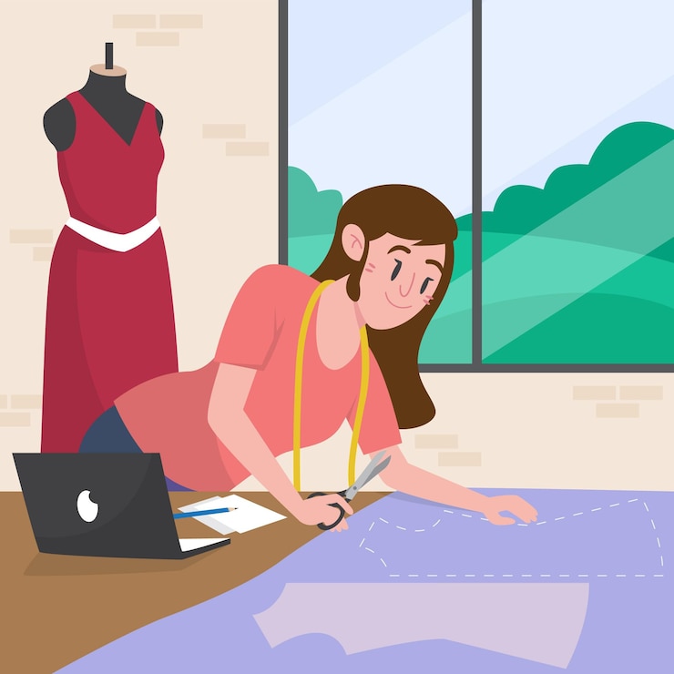 Vettore gratuito illustrazione dello stilista con la donna che crea indumento