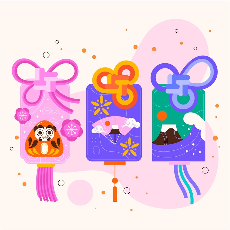Vettore gratuito illustrazione di amuleti giapponesi disegnati a mano