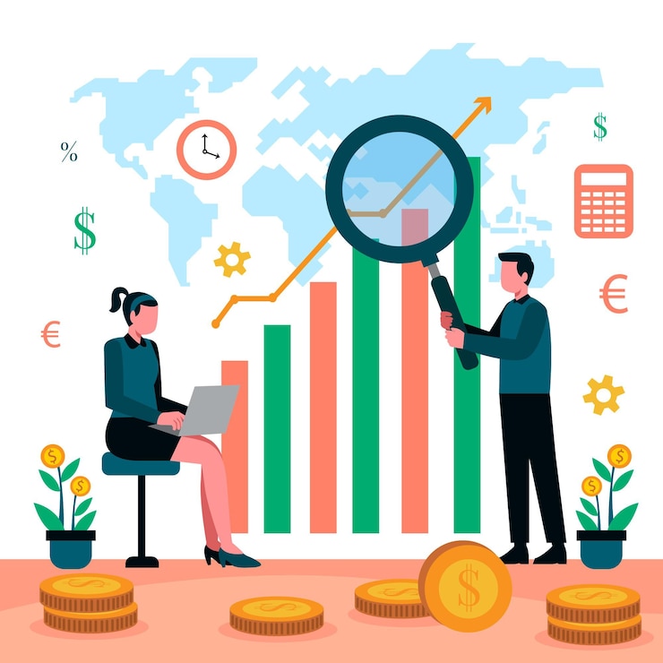 Vettore gratuito illustrazione di analisi del mercato azionario con le persone
