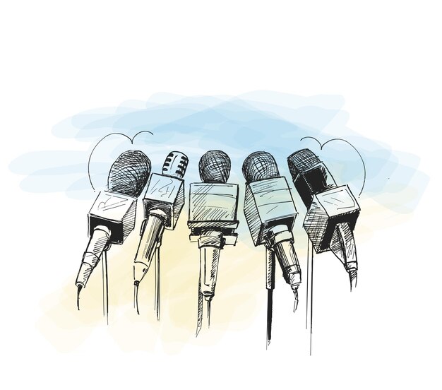 Illustrazione di arte di linea di microfoni e registratori per il simbolo del giornalismo