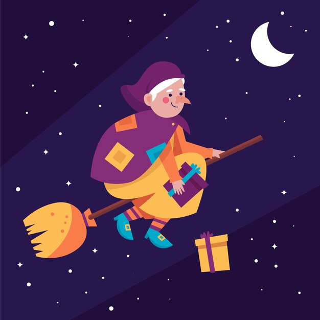 Illustrazione di befana piatta disegnata a mano