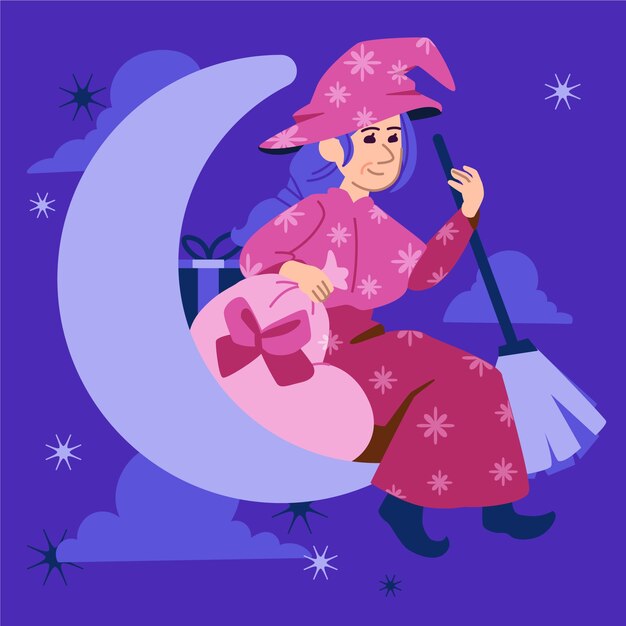Illustrazione di befana piatta disegnata a mano