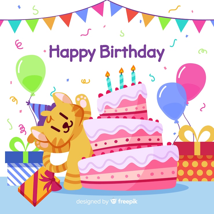 Vettore gratuito illustrazione di buon compleanno con torta e palloncini