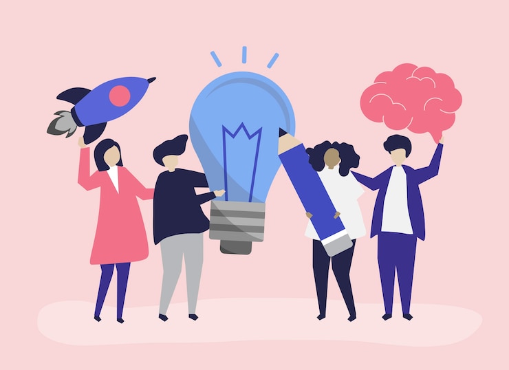 Vettore gratuito illustrazione di carattere di persone con icone di idee creative