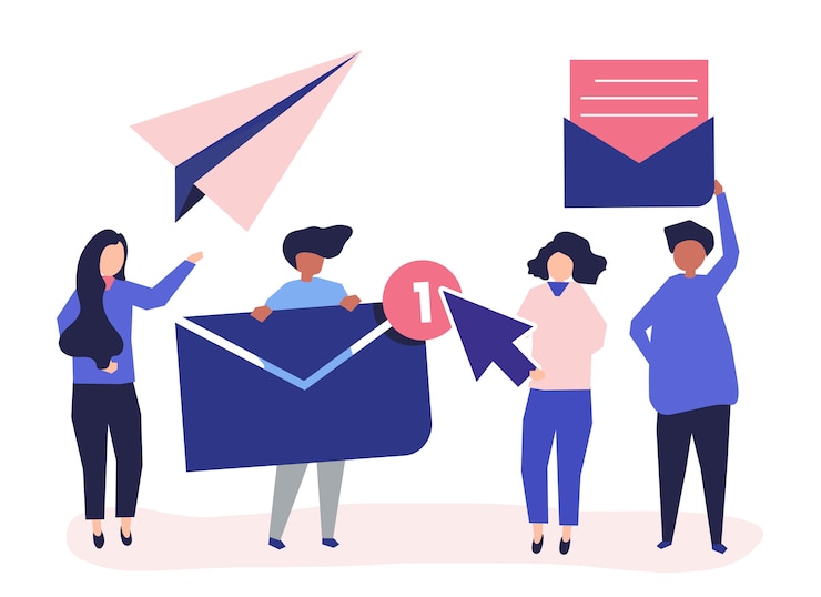 Vettore gratuito illustrazione di carattere di persone con icone di messaggio internet