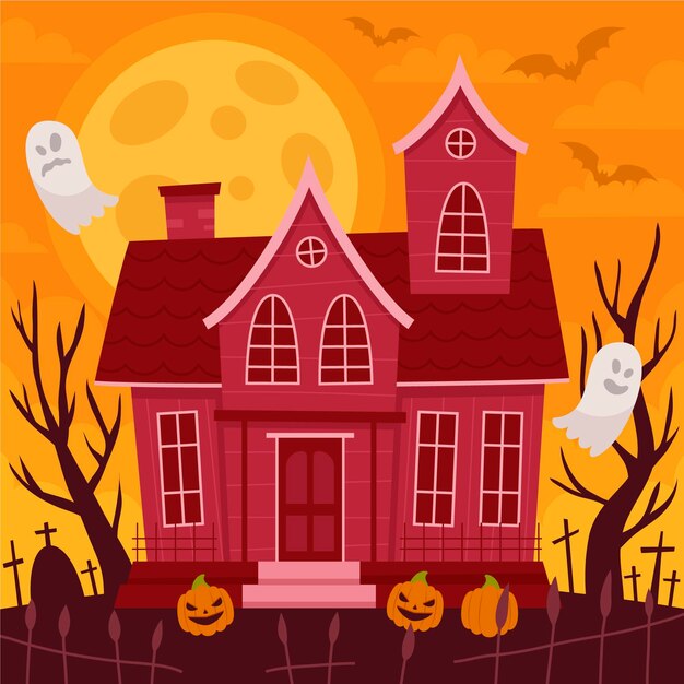 Illustrazione di casa di halloween piatta disegnata a mano